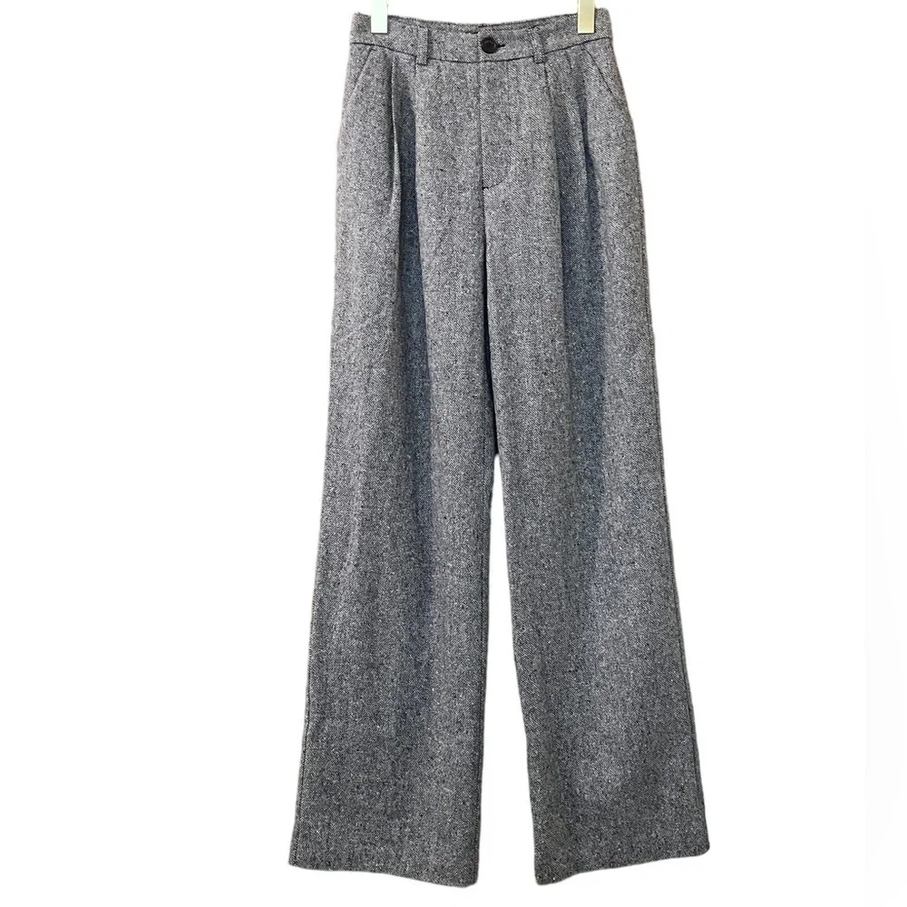 Anine Bing Pants Carrie Wool‎ Wideleg Trousers Black White Sz Xs 2